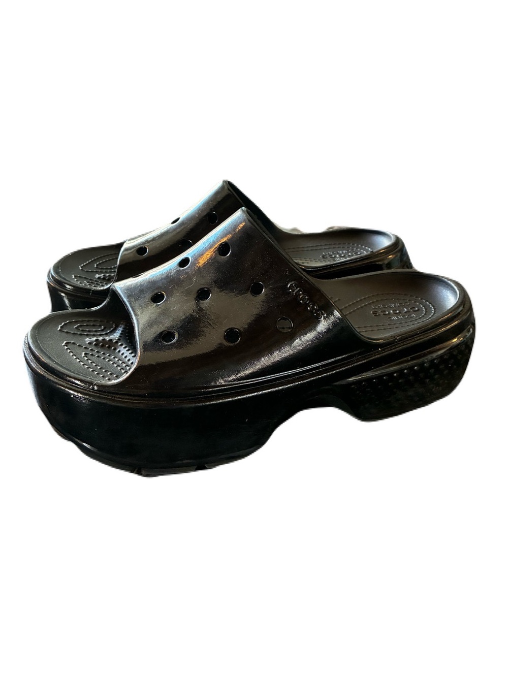 Crocs Classic Crush High Shine Glossy Black Platform Slides M9 W11